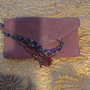 White House Black Market Purple Suede Clutch with Beaded Strap